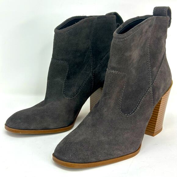 Zara Grey Suede Leather Stacked Heel Pull On Booties - Picture 3 of 9